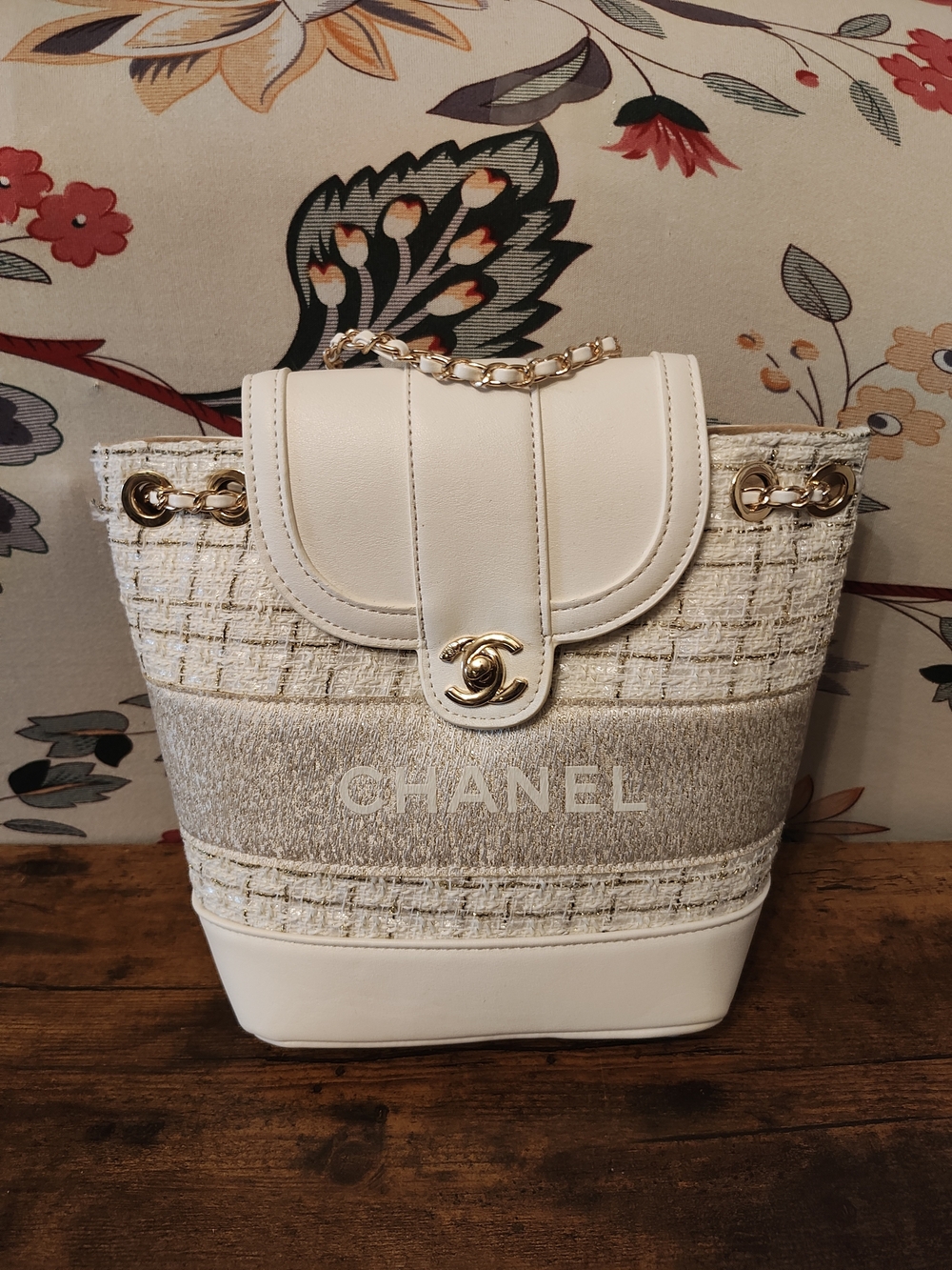 Cream & White Tweed Bucket Tote Backpack Bag with Gold Hardware